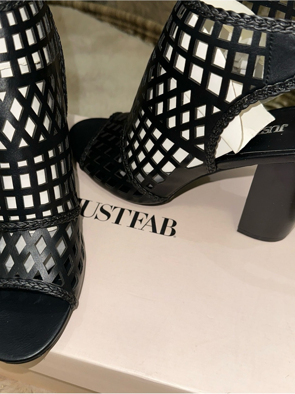 JustFab Black Laser-Cut Block Heel Sandals size 9.5 heel 4 inches